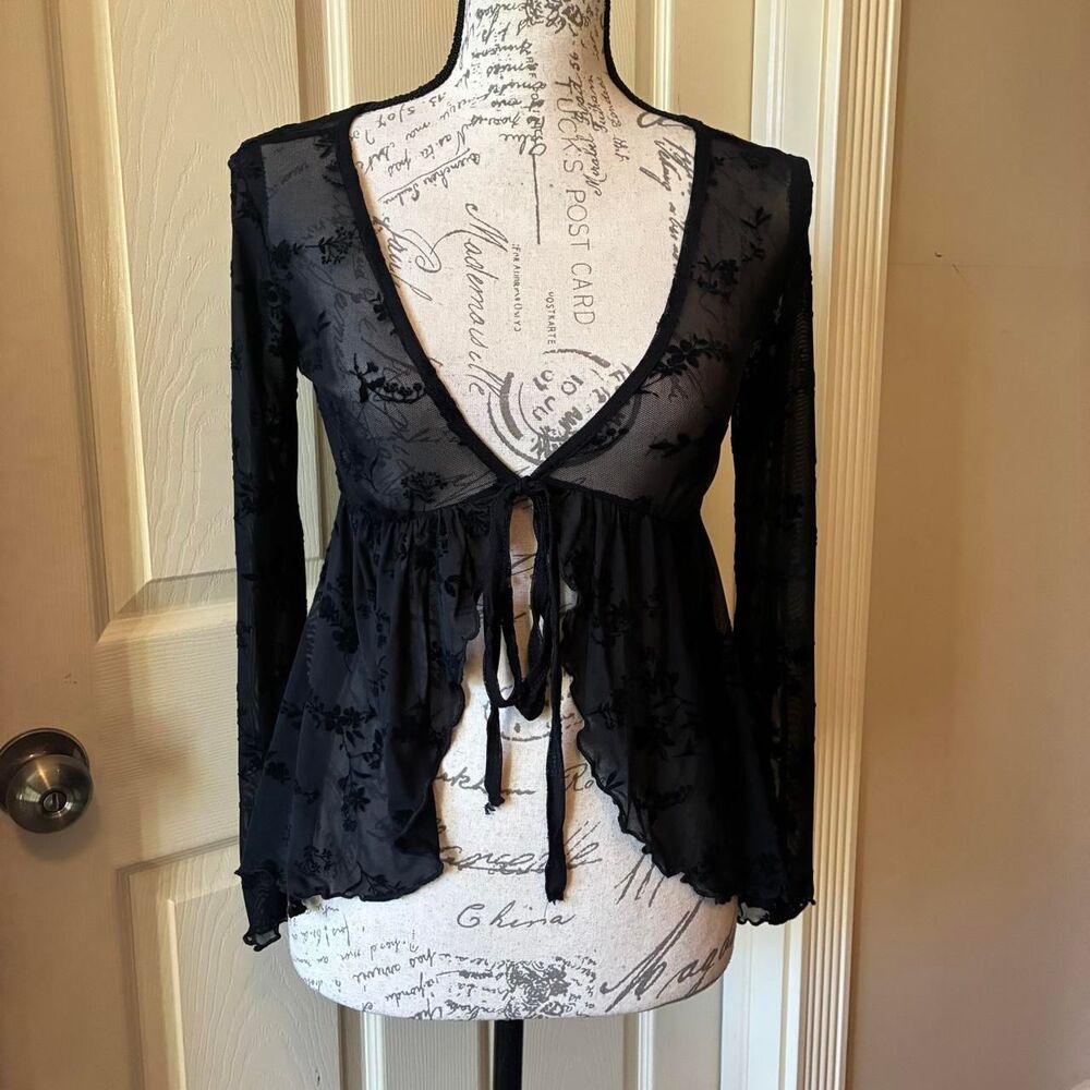 Witchy Whimsigtoh Fairy Grunge Black Sheer Mesh Floral Long Sleeve Tie Front Top